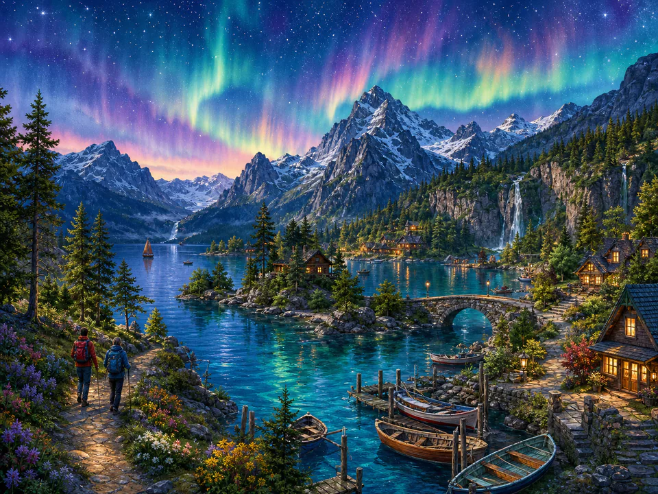 Emerald Mountain Lake, an illustrated dream landscapes jigsaw puzzle scene