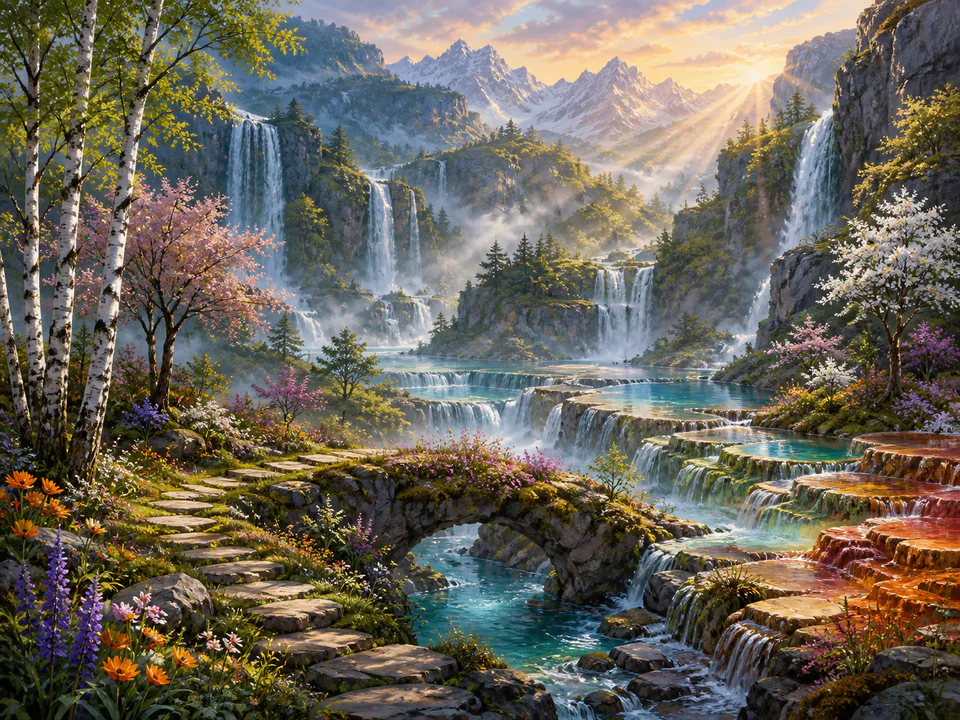 Emerald Waterfall Valley, an illustrated dream landscapes jigsaw puzzle scene