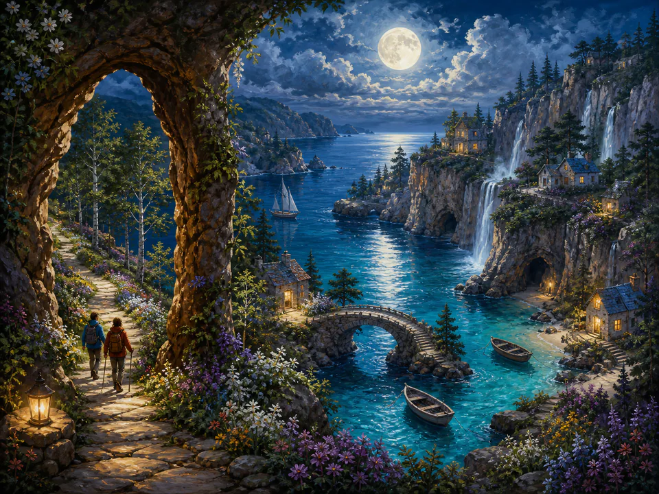 Emerald Hidden Bay, an illustrated dream landscapes jigsaw puzzle scene