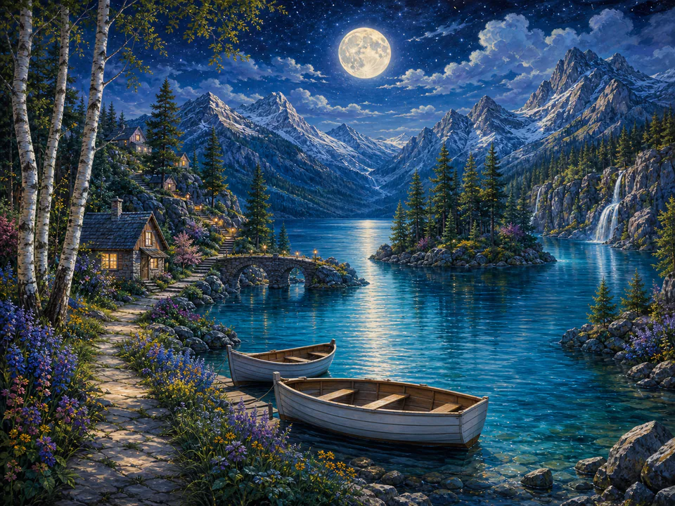 Celestial Mountain Lake, an illustrated dream landscapes jigsaw puzzle scene