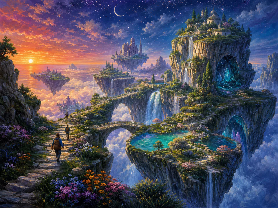 Celestial Island Cliffs, an illustrated dream landscapes jigsaw puzzle scene