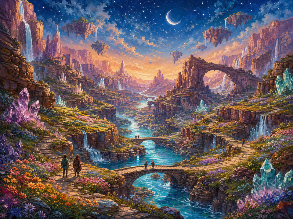 Celestial River Canyon, an illustrated dream landscapes jigsaw puzzle scene