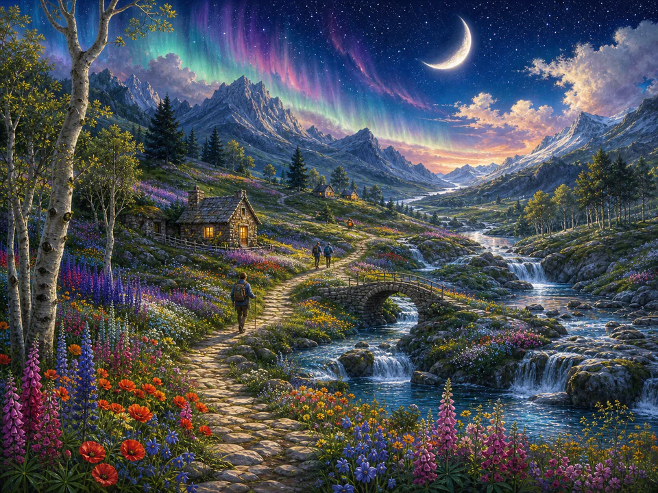 Celestial Meadow Path, an illustrated dream landscapes jigsaw puzzle scene