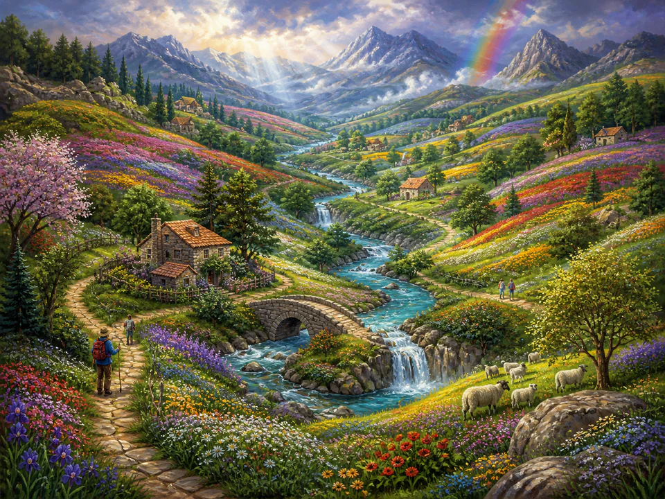 Celestial Rainbow Hills, an illustrated dream landscapes jigsaw puzzle scene