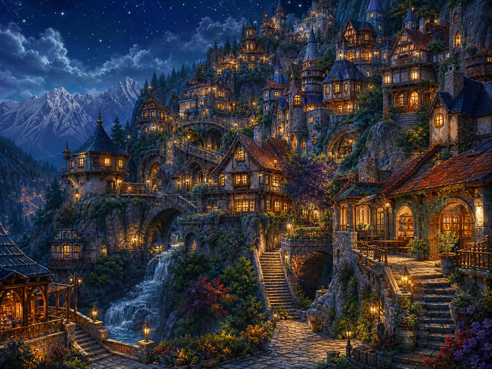 Starlit Mountain Town, an illustrated fantasy villages jigsaw puzzle scene
