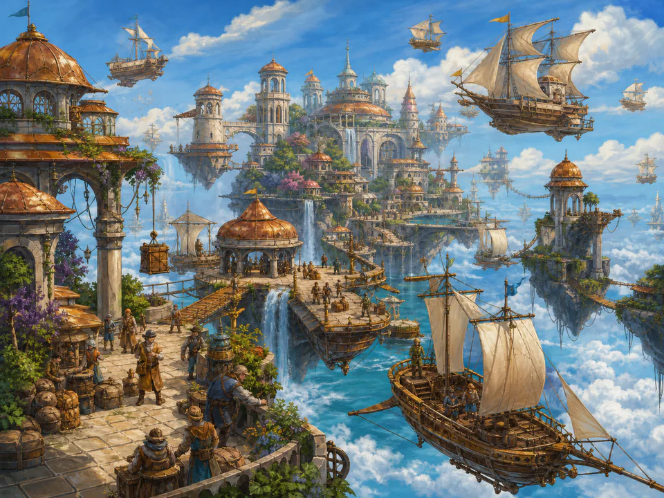 Floating Sky Harbor, an illustrated fantasy villages jigsaw puzzle scene