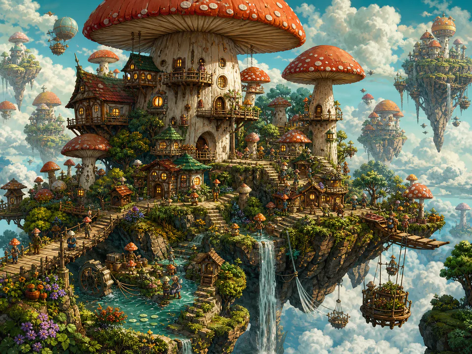 Floating Mushroom Hamlet, an illustrated fantasy villages jigsaw puzzle scene