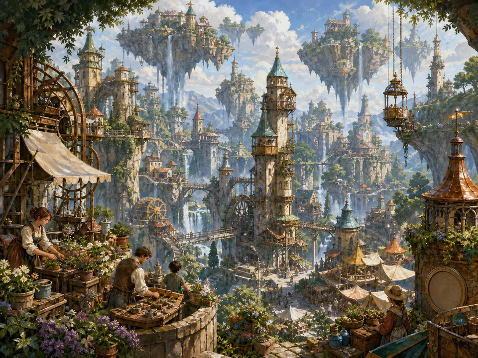Floating Valley Towers, an illustrated fantasy villages jigsaw puzzle scene