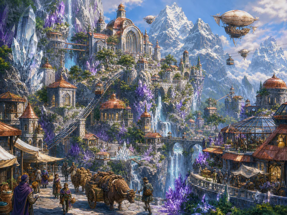 Crystal Mountain Town, an illustrated fantasy villages jigsaw puzzle scene