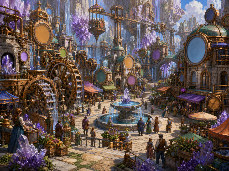 Crystal Clockwork Square, an illustrated fantasy villages jigsaw puzzle scene