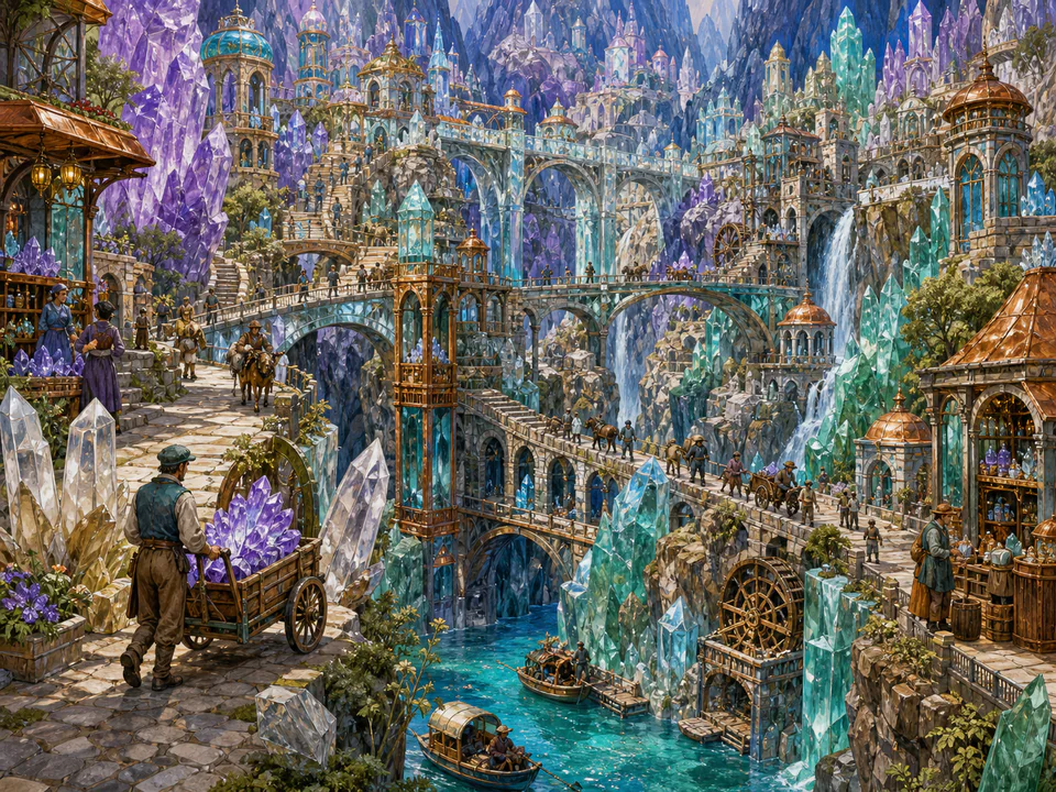 Crystal Bridge City, an illustrated fantasy villages jigsaw puzzle scene