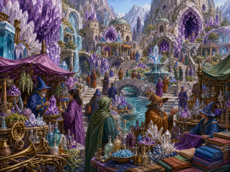 Crystal Wizard Market, an illustrated fantasy villages jigsaw puzzle scene