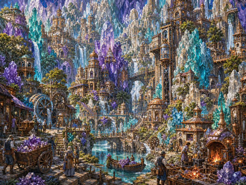 Crystal Valley Towers, an illustrated fantasy villages jigsaw puzzle scene