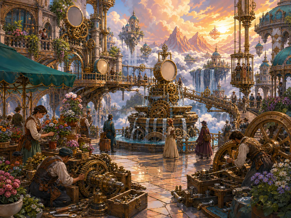 Cloudbound Clockwork Square, an illustrated fantasy villages jigsaw puzzle scene