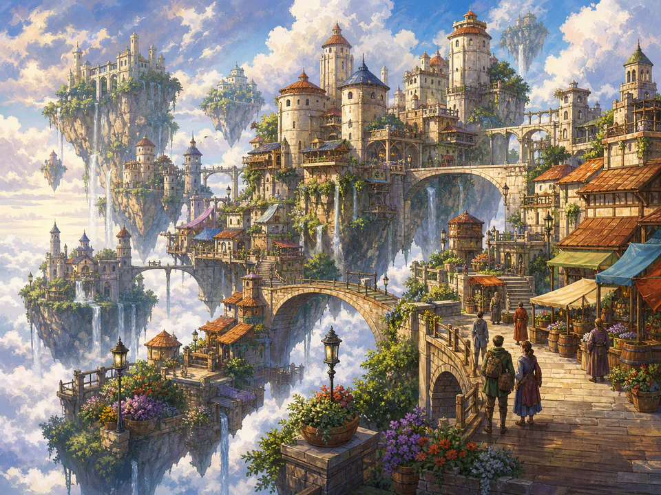 Cloudbound Bridge City, an illustrated fantasy villages jigsaw puzzle scene