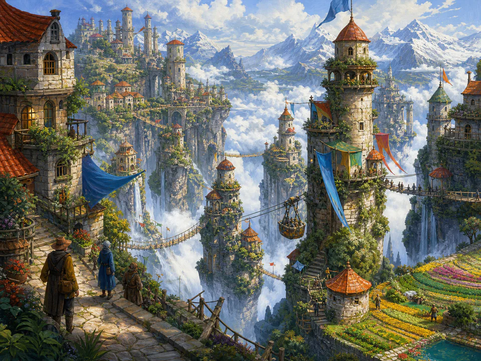 Cloudbound Valley Towers, an illustrated fantasy villages jigsaw puzzle scene