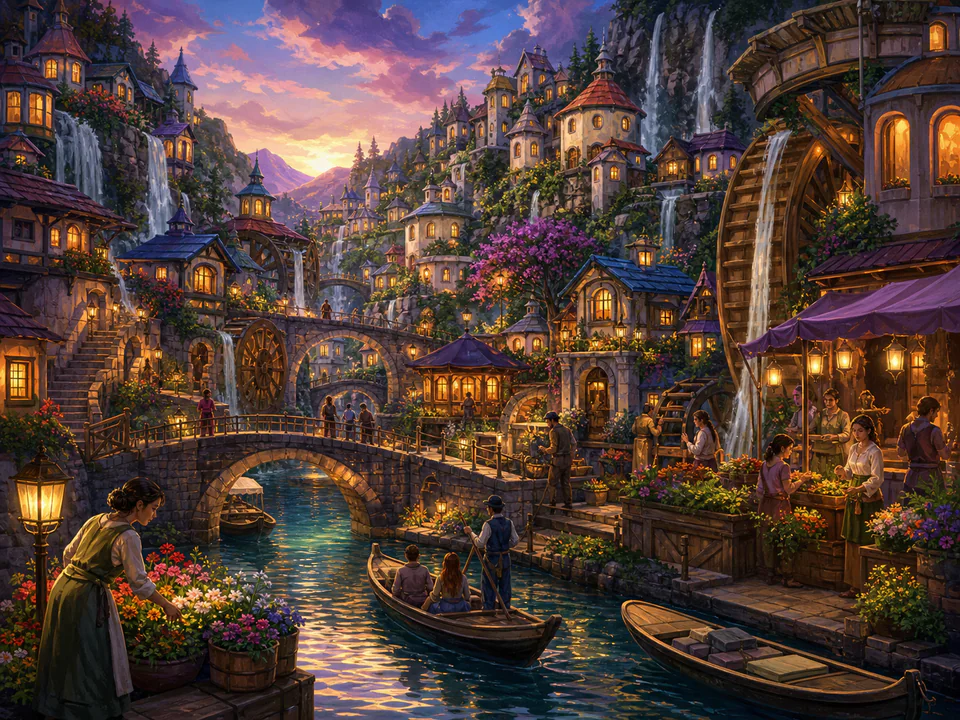 Enchanted Canal Village, an illustrated fantasy villages jigsaw puzzle scene