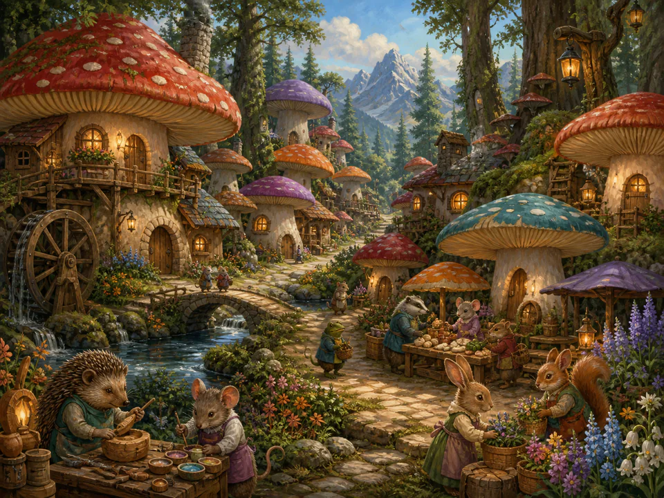 Enchanted Mushroom Hamlet, an illustrated fantasy villages jigsaw puzzle scene