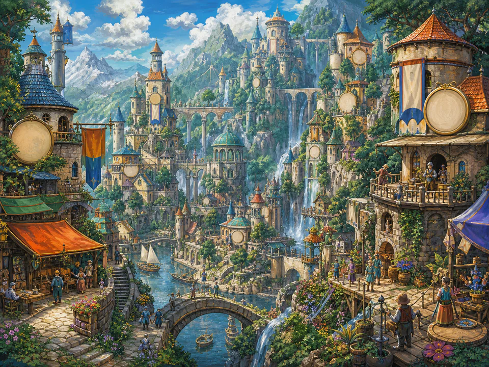 Enchanted Valley Towers, an illustrated fantasy villages jigsaw puzzle scene