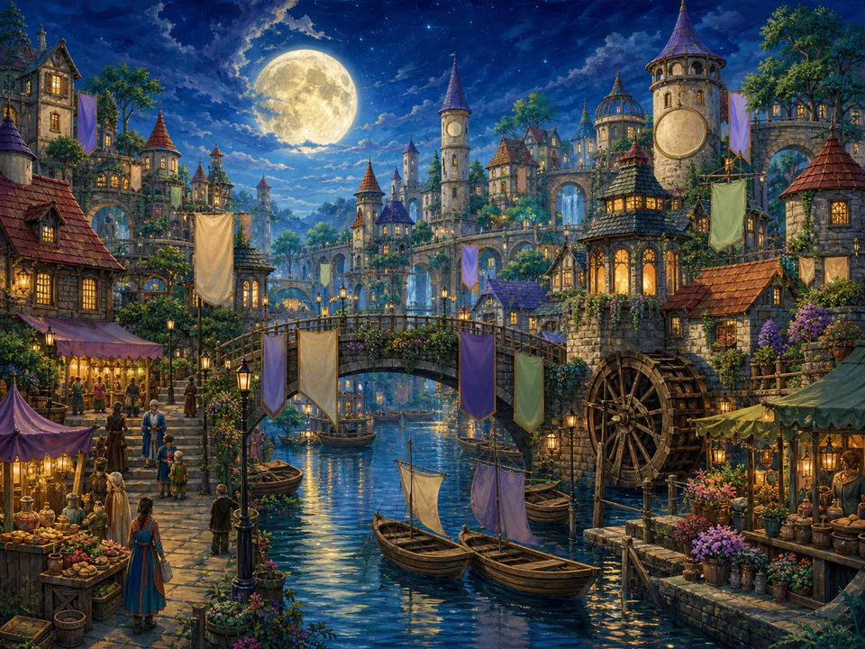 Moonrise Canal Village, an illustrated fantasy villages jigsaw puzzle scene