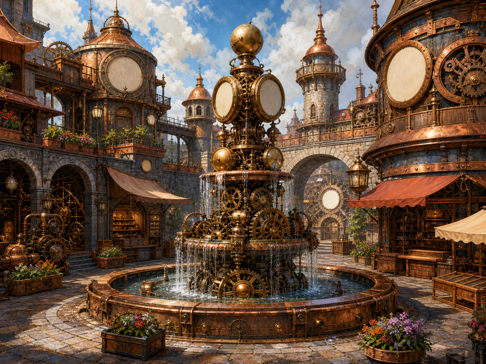 Copper Clockwork Square, an illustrated fantasy villages jigsaw puzzle scene