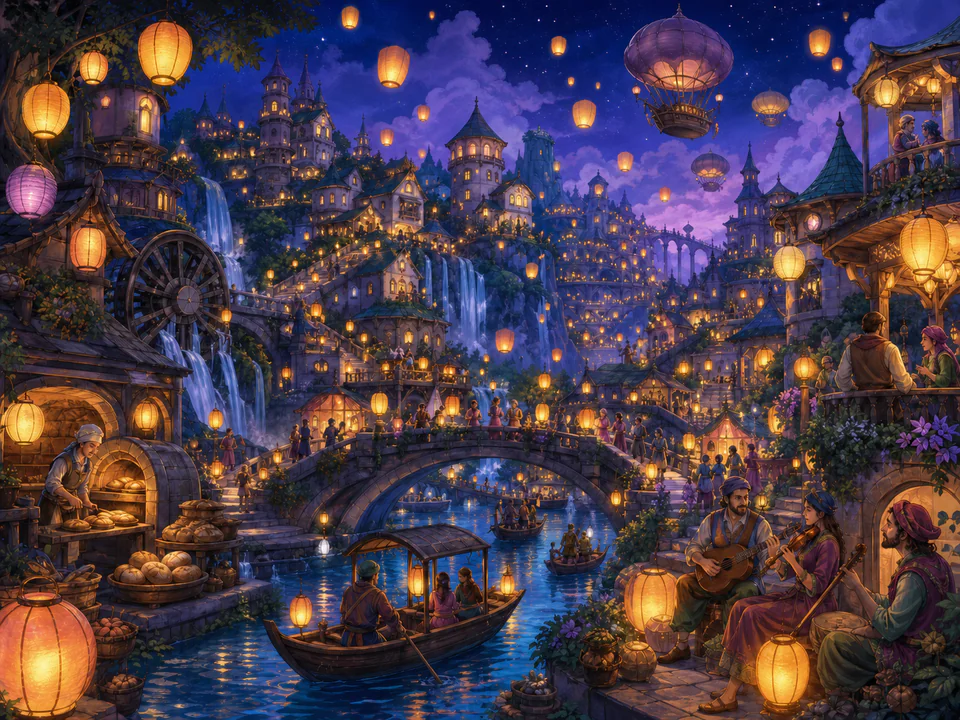 Copper Lantern Festival, an illustrated fantasy villages jigsaw puzzle scene