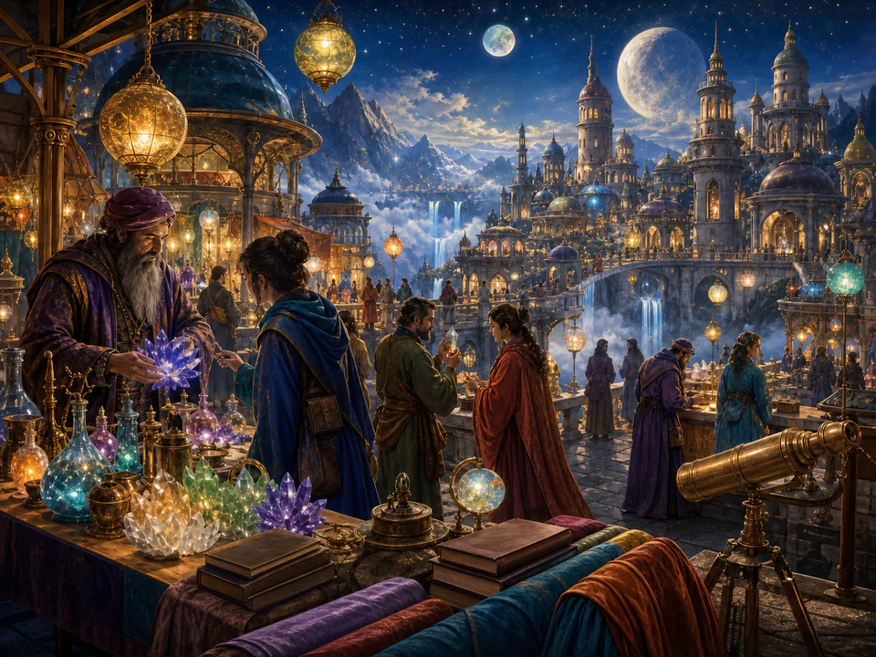 Celestial Wizard Market, an illustrated fantasy villages jigsaw puzzle scene