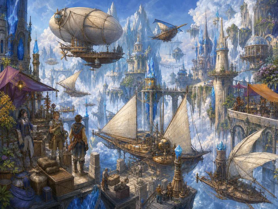 Hidden Sky Harbor, an illustrated fantasy villages jigsaw puzzle scene