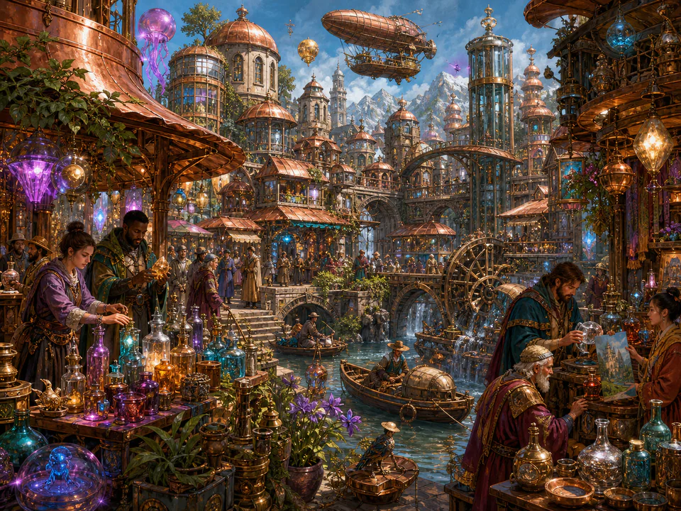 Hidden Wizard Market, an illustrated fantasy villages jigsaw puzzle scene