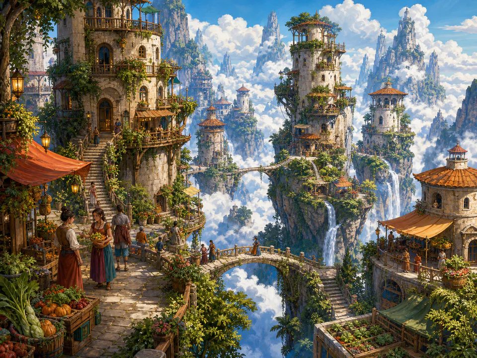 Hidden Valley Towers, an illustrated fantasy villages jigsaw puzzle scene