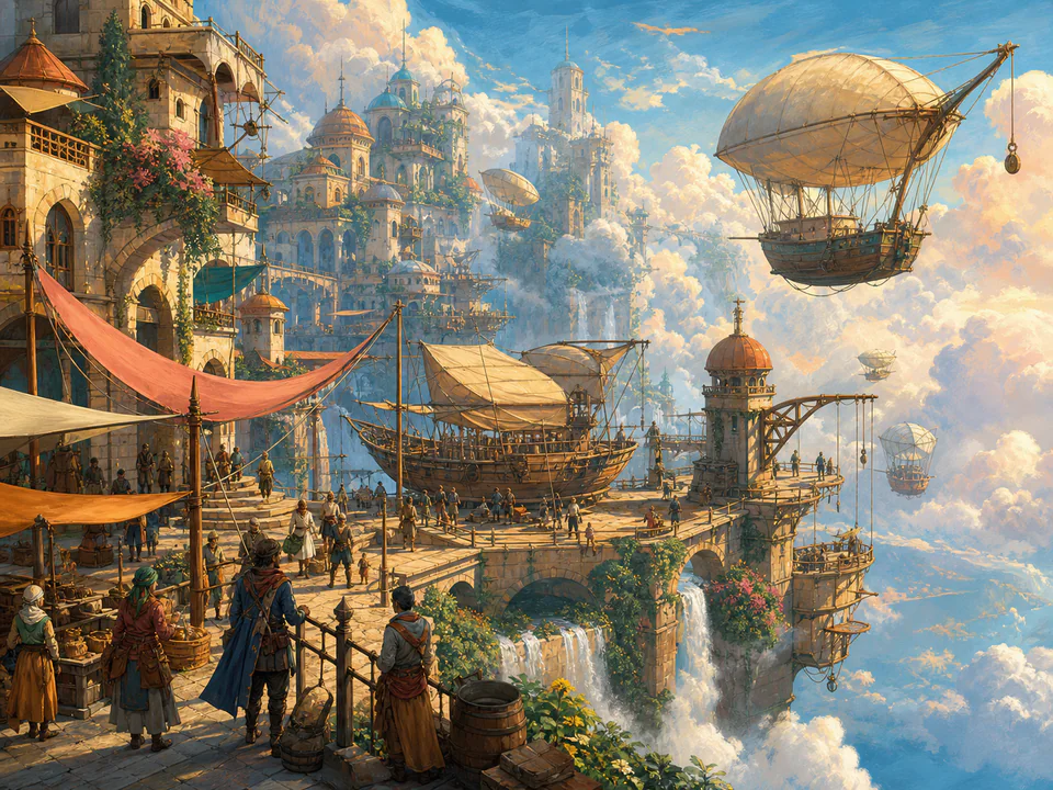 Dreaming Sky Harbor, an illustrated fantasy villages jigsaw puzzle scene