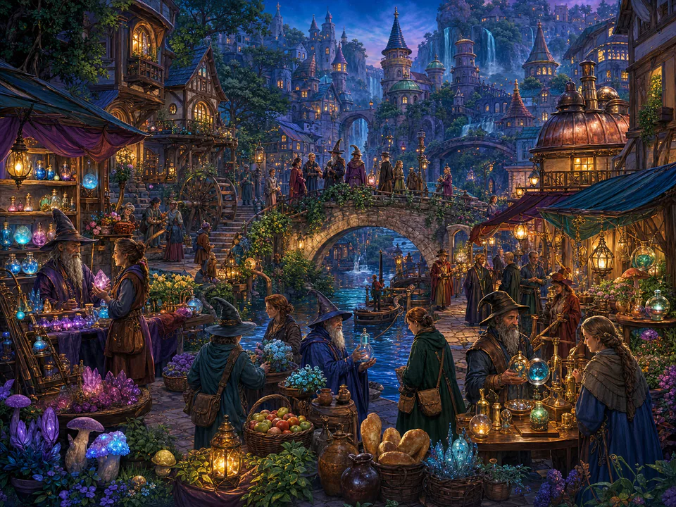 Dreaming Wizard Market, an illustrated fantasy villages jigsaw puzzle scene