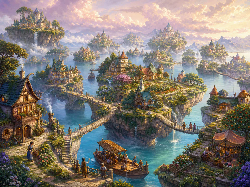 Dreaming Island Homes, an illustrated fantasy villages jigsaw puzzle scene
