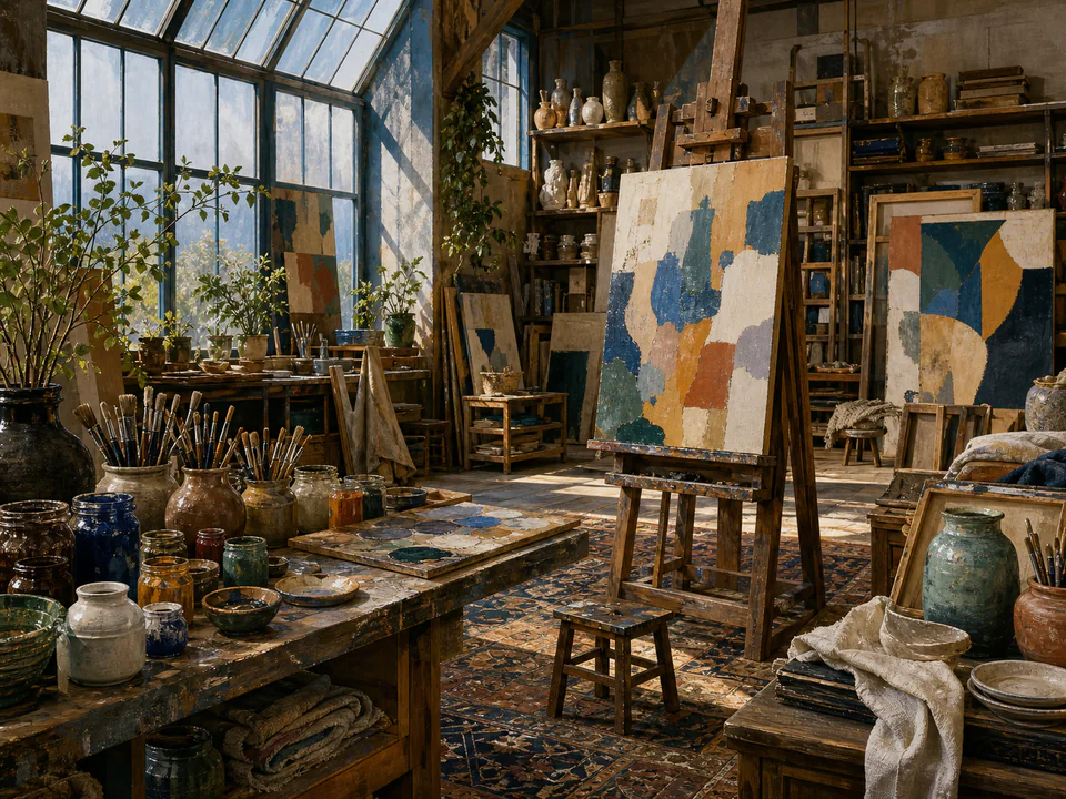 Grand Artists Studio, an illustrated libraries & interiors jigsaw puzzle scene