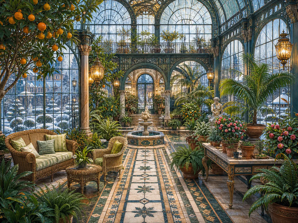Grand Winter Conservatory, an illustrated libraries & interiors jigsaw puzzle scene