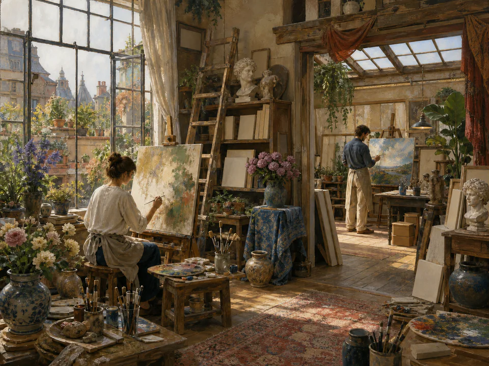 Dusty Artists Studio, an illustrated libraries & interiors jigsaw puzzle scene