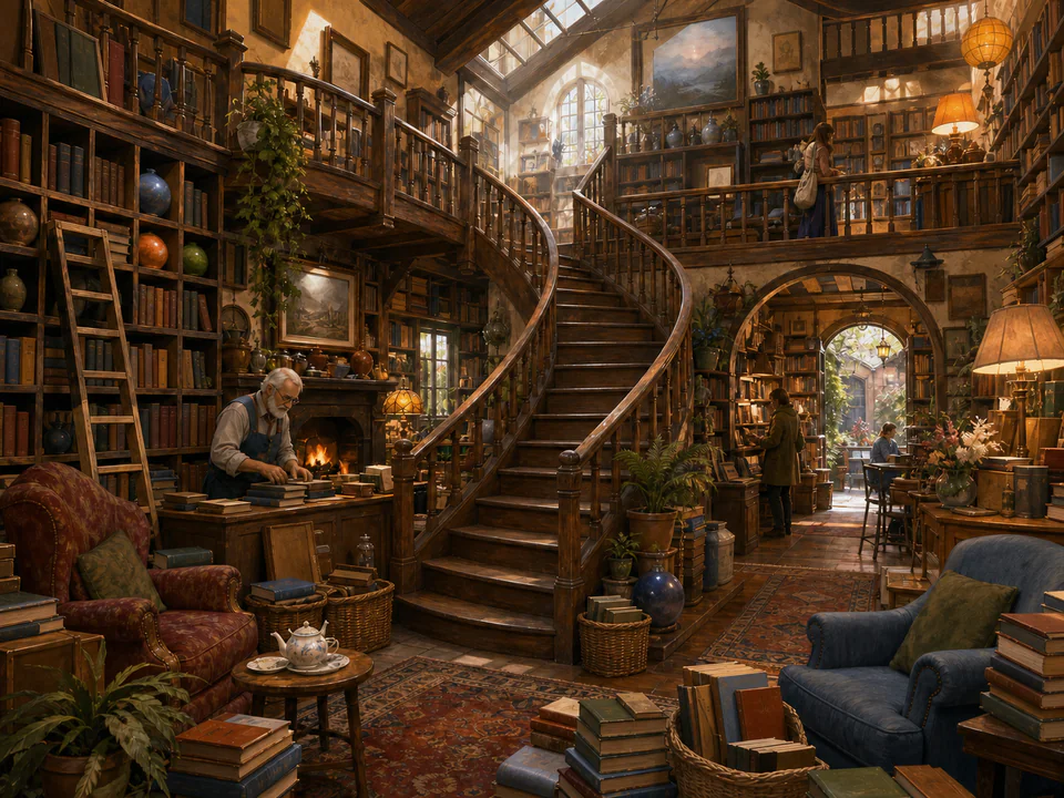 Dusty Bookshop Staircase, an illustrated libraries & interiors jigsaw puzzle scene