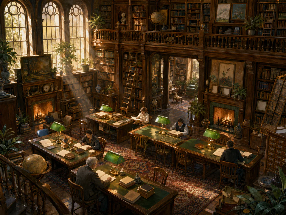 Dusty Reading Hall, an illustrated libraries & interiors jigsaw puzzle scene