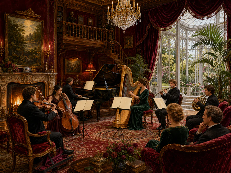 Velvet Music Room, an illustrated libraries & interiors jigsaw puzzle scene