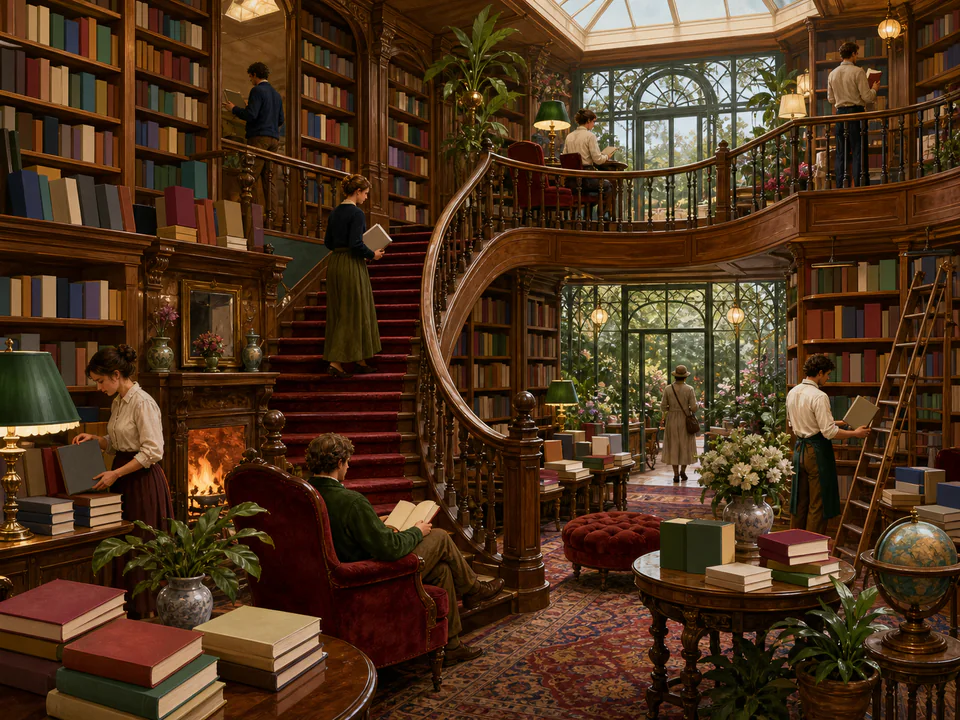 Velvet Bookshop Staircase, an illustrated libraries & interiors jigsaw puzzle scene