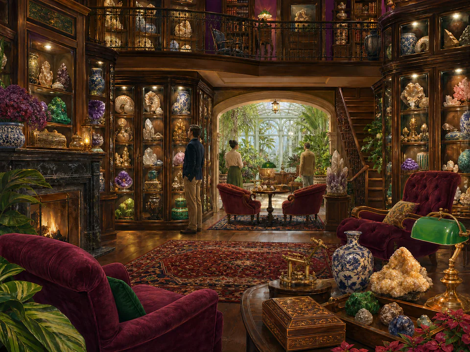 Velvet Collectors Cabinet, an illustrated libraries & interiors jigsaw puzzle scene