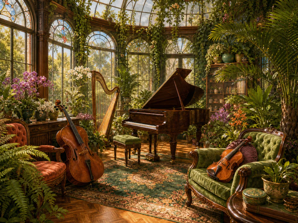 Botanical Music Room, an illustrated libraries & interiors jigsaw puzzle scene