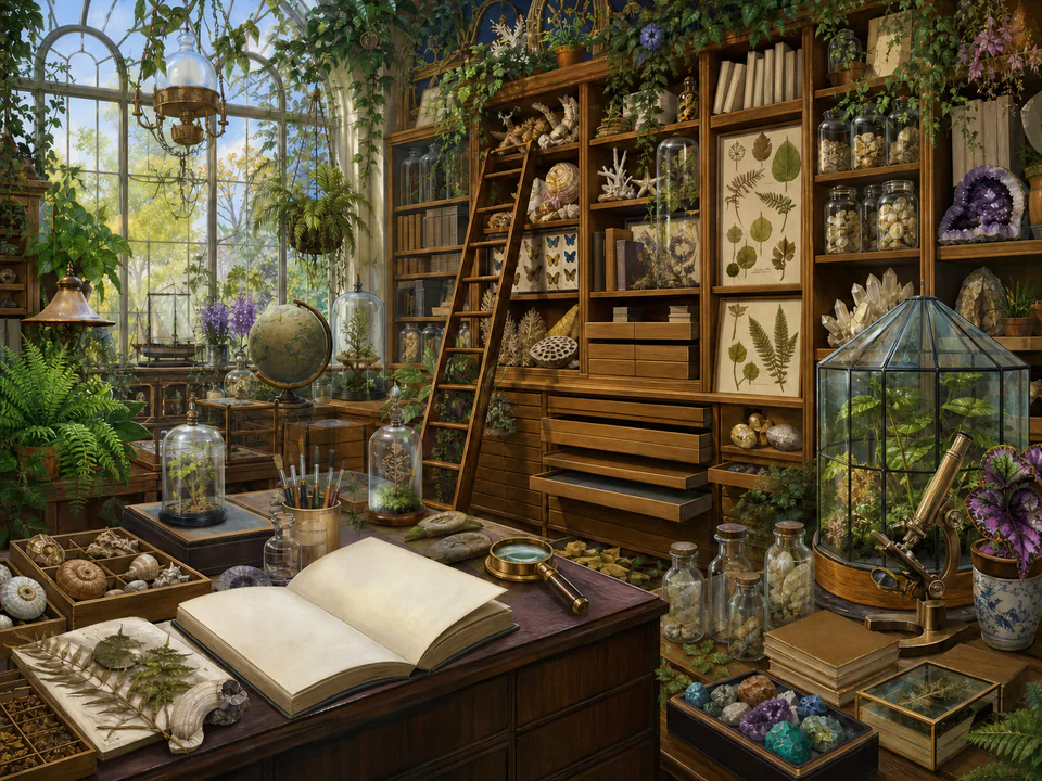 Botanical Collectors Cabinet, an illustrated libraries & interiors jigsaw puzzle scene