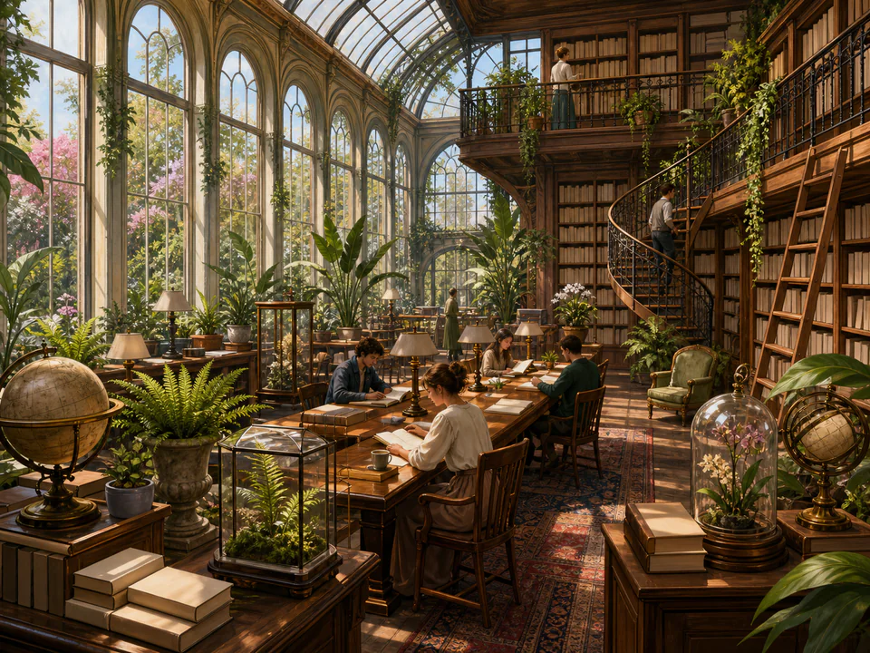 Botanical Reading Hall, an illustrated libraries & interiors jigsaw puzzle scene