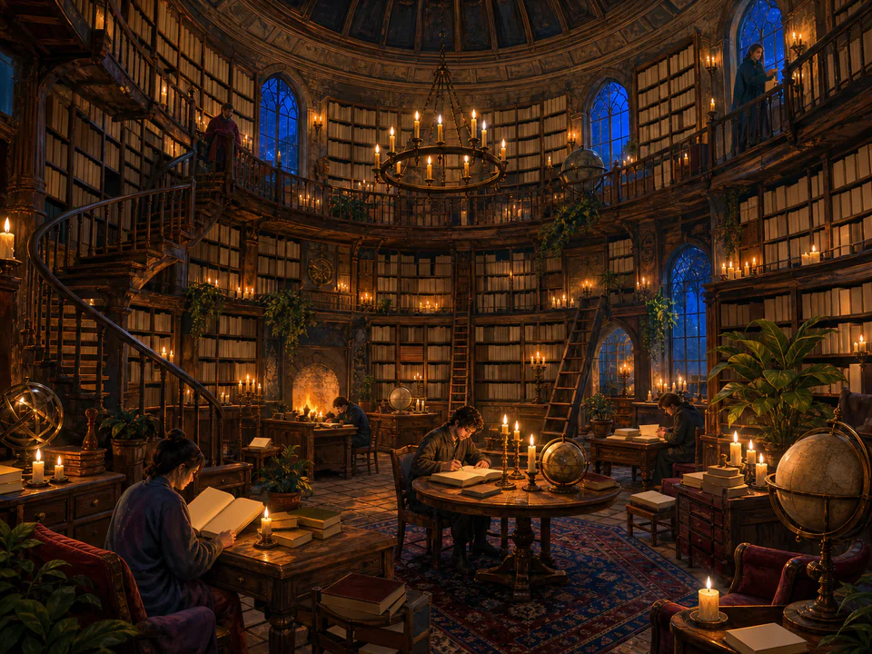 Candlelit Circular Library, an illustrated libraries & interiors jigsaw puzzle scene
