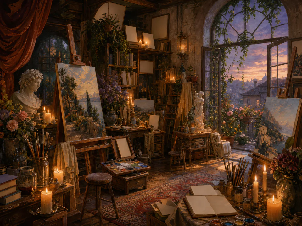 Candlelit Artists Studio, an illustrated libraries & interiors jigsaw puzzle scene