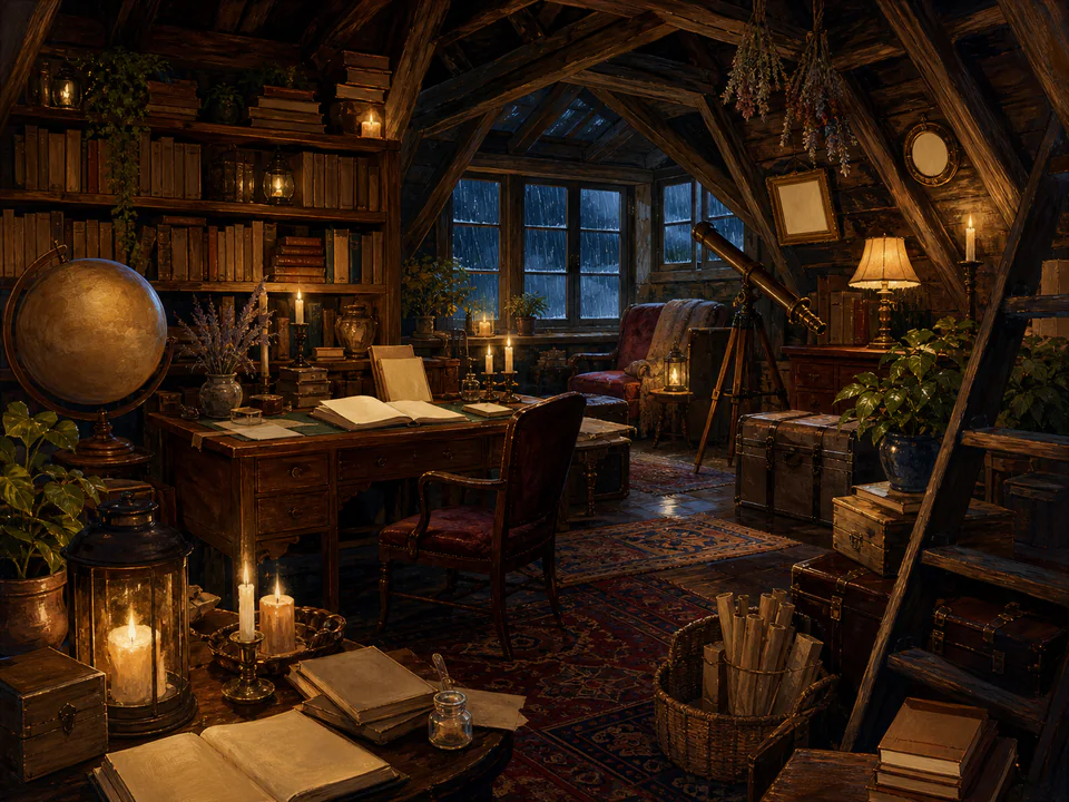 Candlelit Attic Study, an illustrated libraries & interiors jigsaw puzzle scene