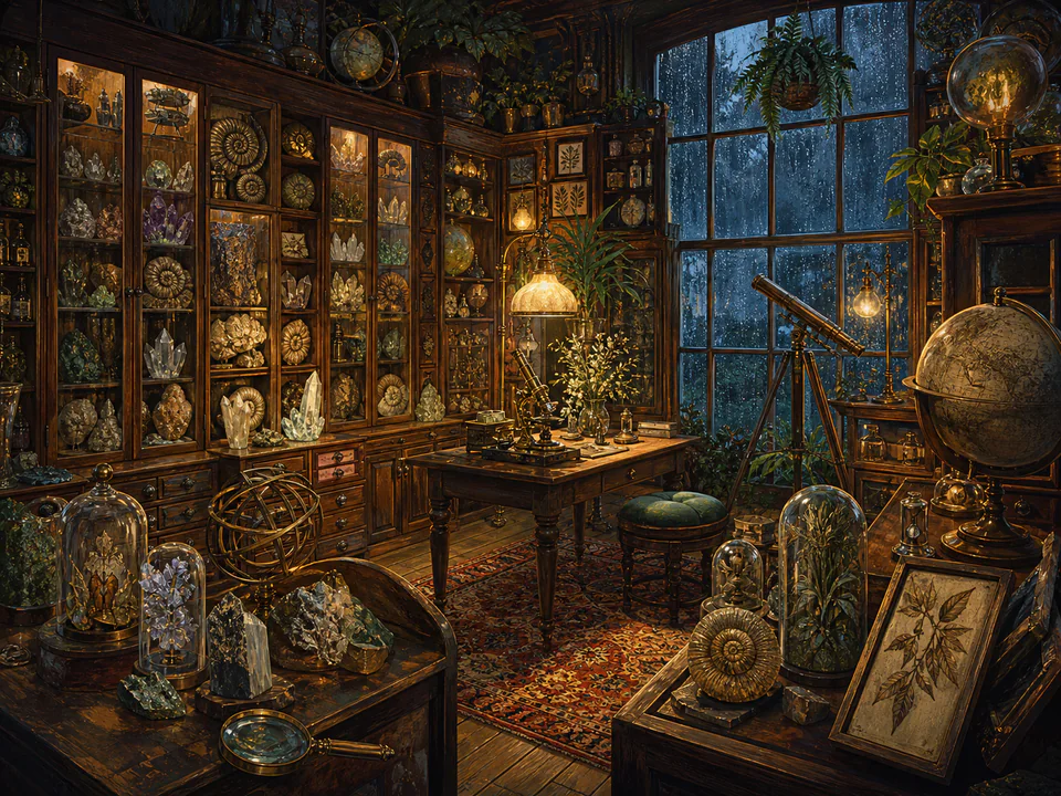 Rainy Collectors Cabinet, an illustrated libraries & interiors jigsaw puzzle scene