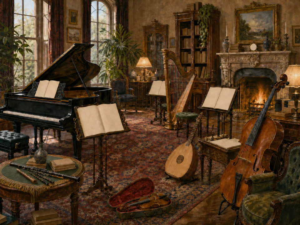 Scholars Music Room, an illustrated libraries & interiors jigsaw puzzle scene