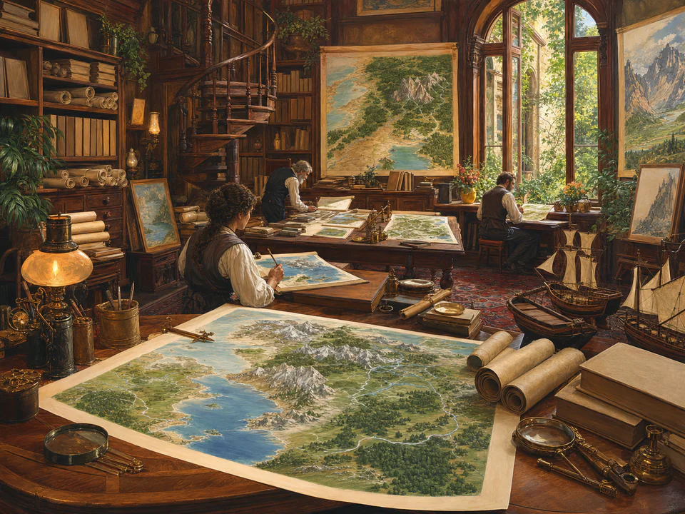 Secret Map Room, an illustrated libraries & interiors jigsaw puzzle scene